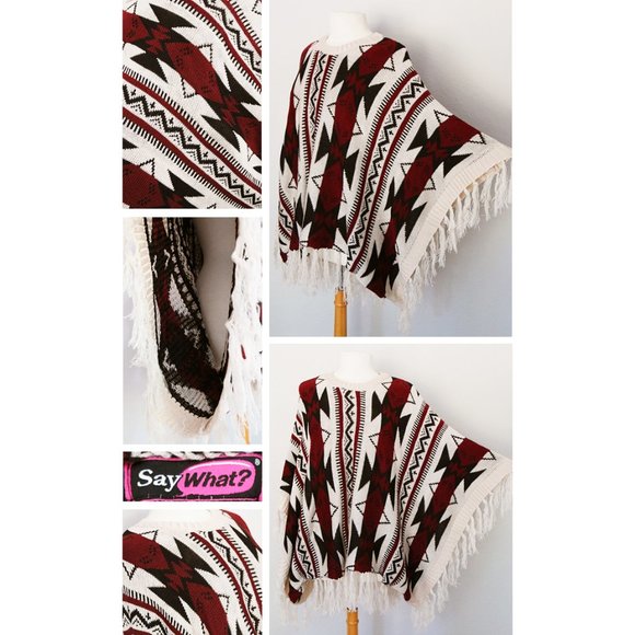 NEW Tribal Aztec BOHO Knit Fringe Sweater Poncho - Picture 7 of 10